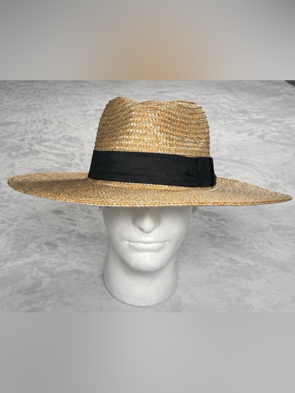 SkinMedica Wide Brim Straw Sun Hat Black Ribbon Boater Hat Natural Tan